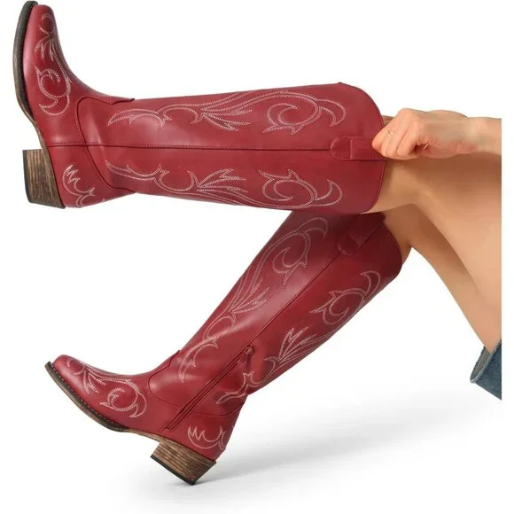 Women Faux Leather Red Knee High Chunky Heel Side Zipper Embroidered Boot